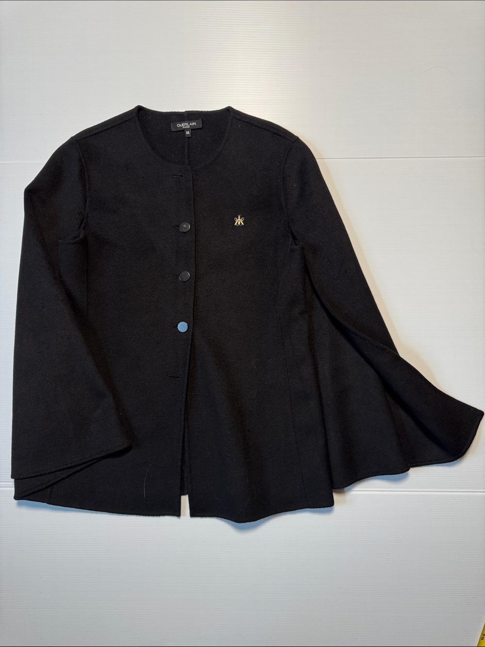 GUERLAIN Paris Black Long Line Button Up Cape Wool Blend? Women's Classic Style